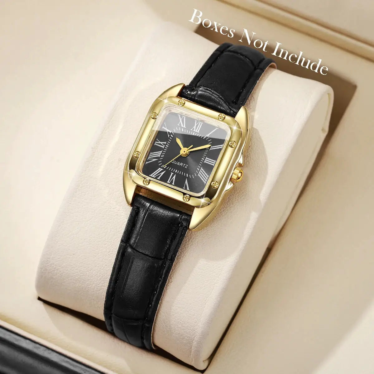 Fashion square women's quartz wristwatch by Simples Market with black leather strap, gold-tone case, Roman numeral dial.