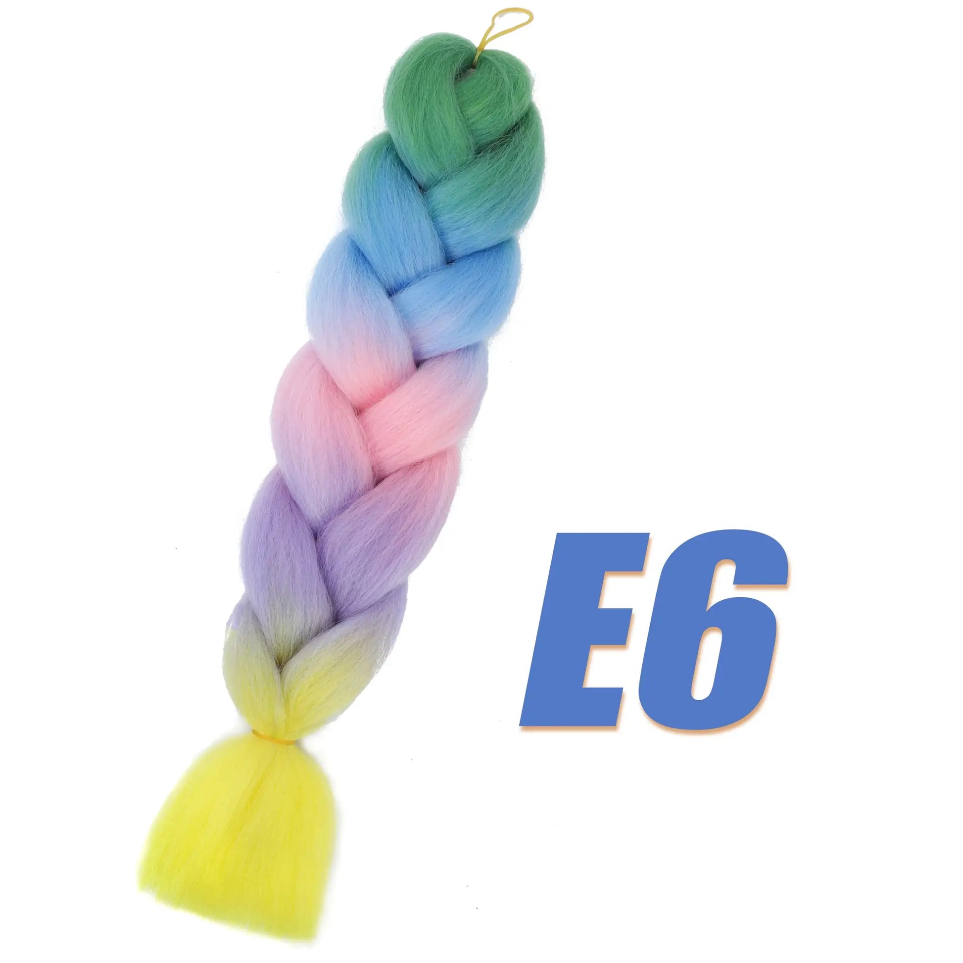 Synthetic Kanekalon crochet hair braid by Simples Market; pre-stretched jumbo curly extensions in pastel rainbow colors.