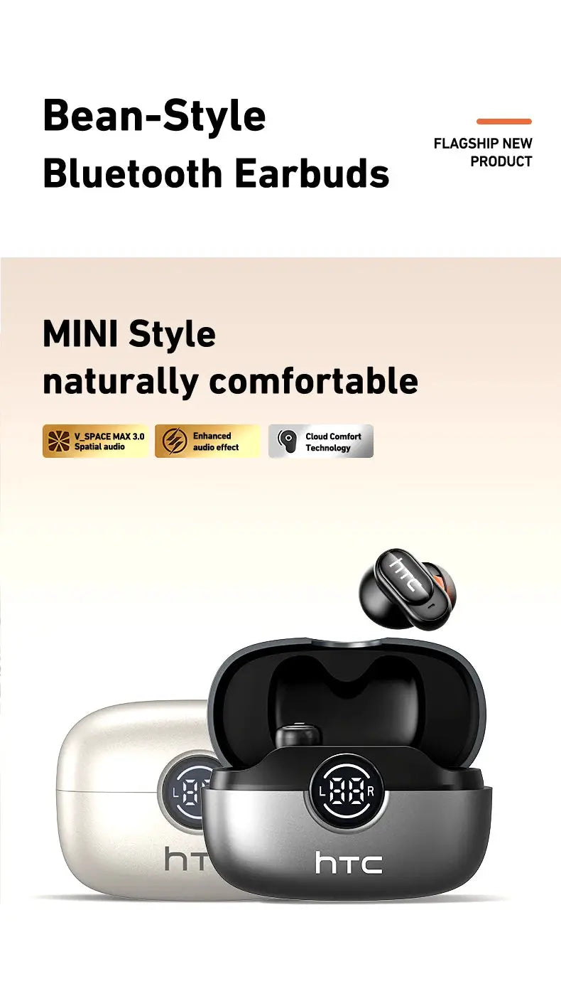HTC NE79 TWS wireless earbuds in two charging cases, black LED-display case and silver-beige case by Simples Market