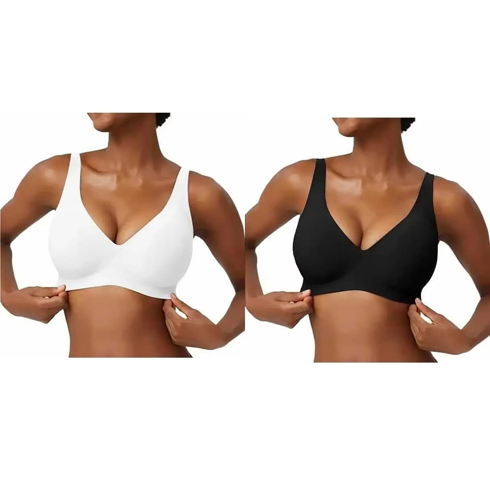 Two seamless wire-free bras in white and black with full cups and deep V neckline