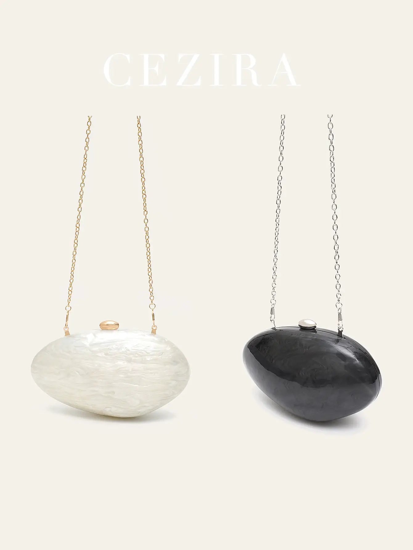 Shell-shaped acrylic clutch by Simples Market; two colorways in white and black with gold and silver long chains.