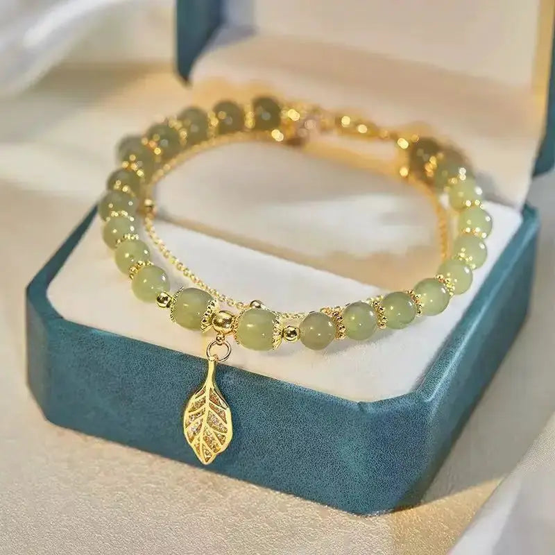 Luxury Love Gold Tone Hotan Jade Ladies Bracelet Leaf Motif Double Layer Jewelry Gift For Women