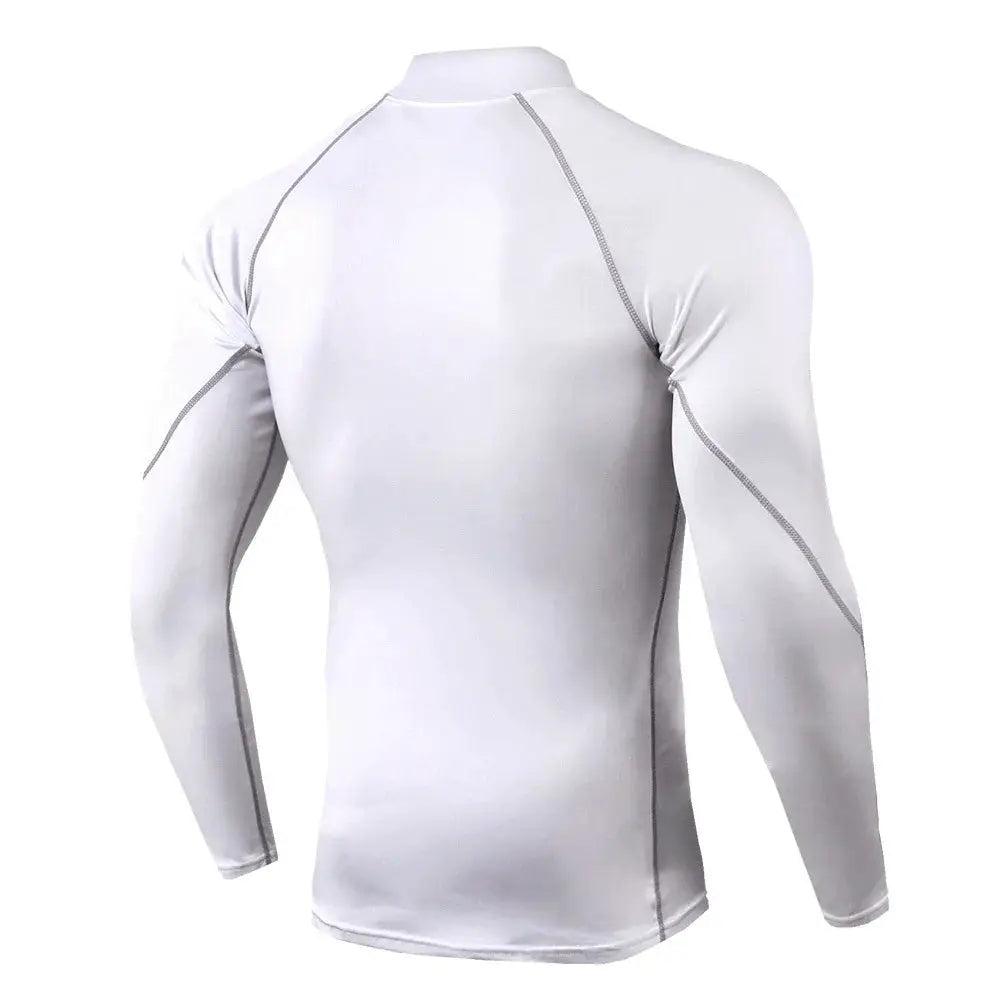 Men's white long-sleeve compression athletic top with quick-dry fabric