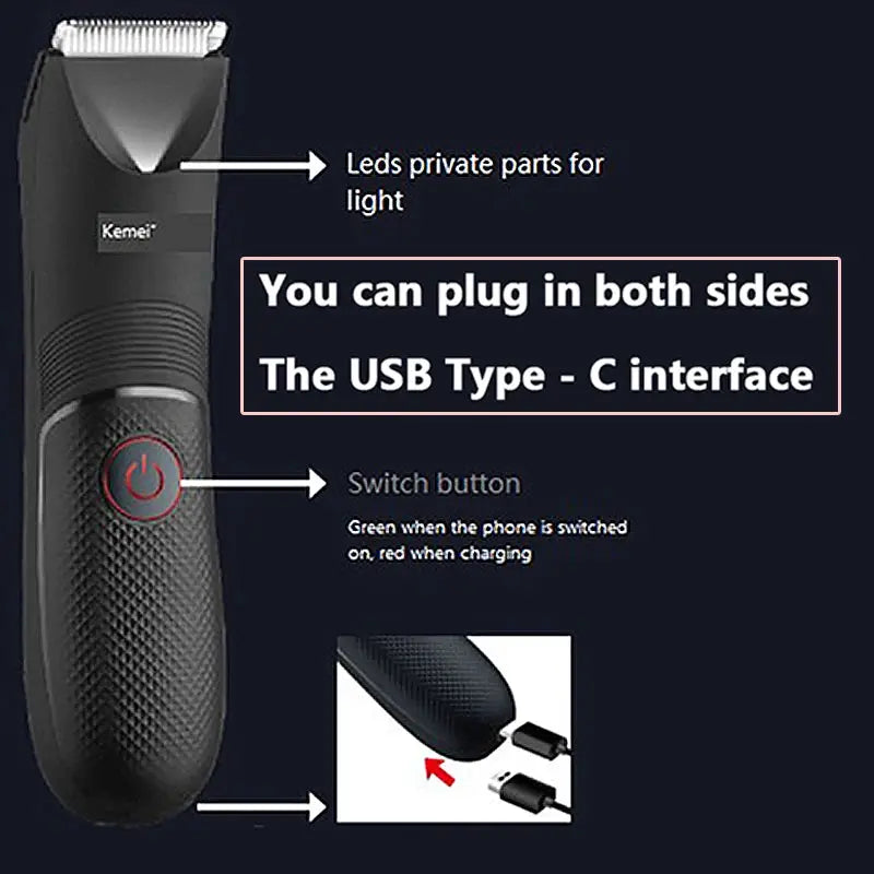 Kemei KM-1838 groin area trimmer by Simples Market, black waterproof USB-C cordless body hair clipper