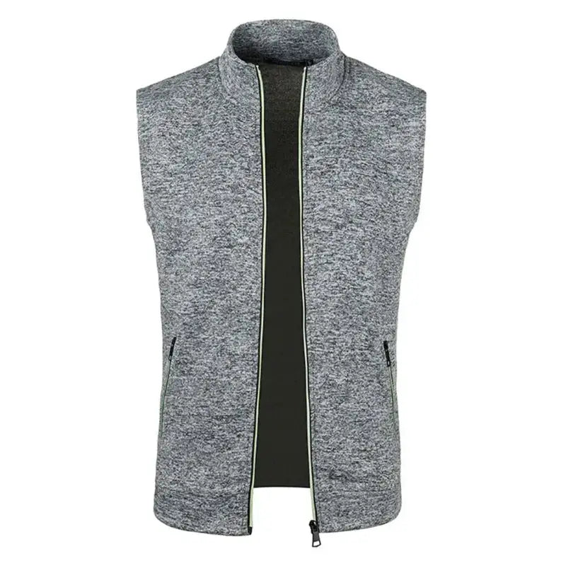 Men's sleeveless zip-up vest in grey heather with stand-up collar, neon-green piping and side zip pockets.