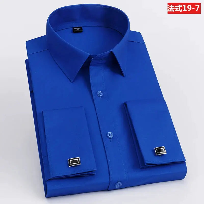Men's solid blue dress shirt with French cuffs and cufflinks