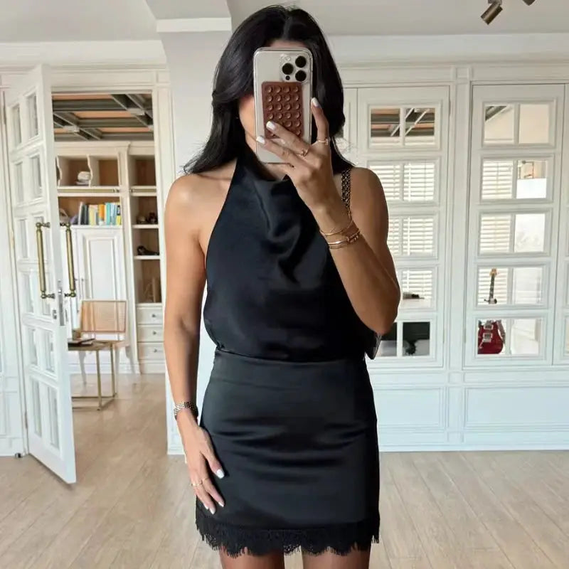 HXAO Satin Lace Skirt Shorts, black satin high-waist mini skirt with lace hem