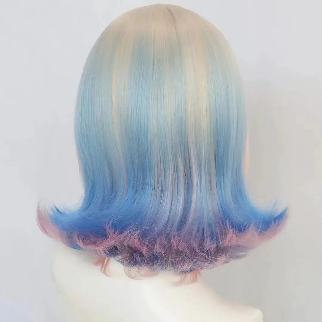 Simples Market Enid Sinclair cosplay wig, pastel gradient blonde-blue-pink, short bob with curled ends
