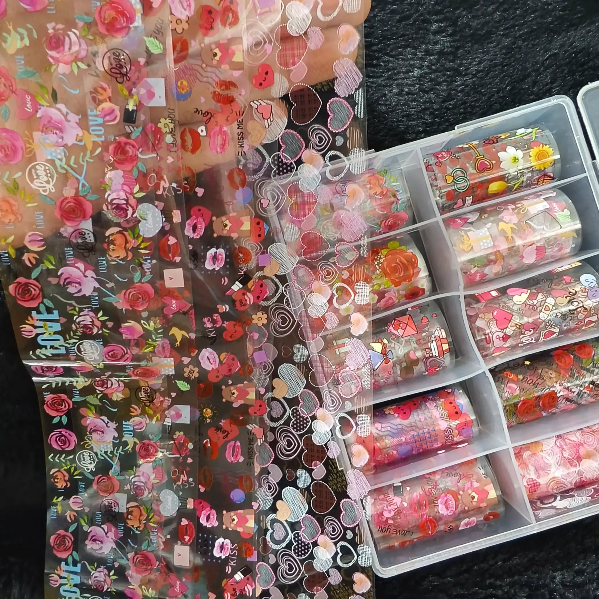 Nail foil set, 10 rolls by Simples Market, pink floral, heart, plaid and marble designs for nail art