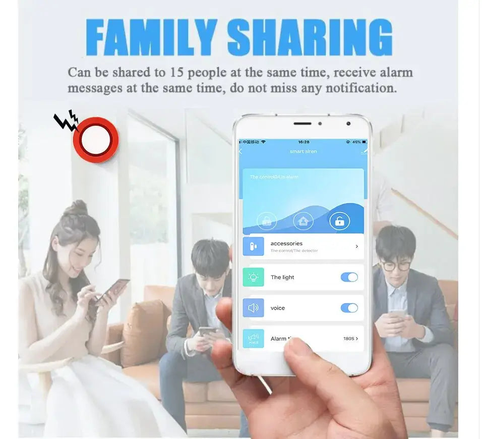 Tuya Smart WiFi wireless security alarm kit by Simples Market with smartphone app and red siren icon