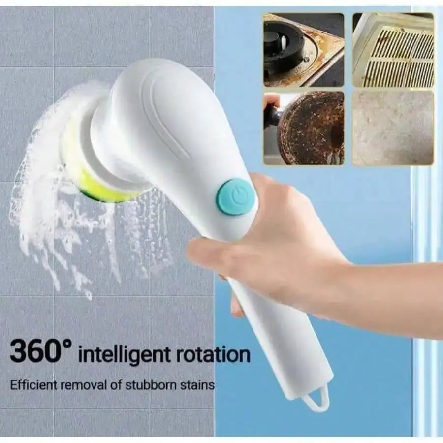 Electric cleaning brush by Simples Market with 360° rotation and teal button for stubborn bathroom and kitchen stains