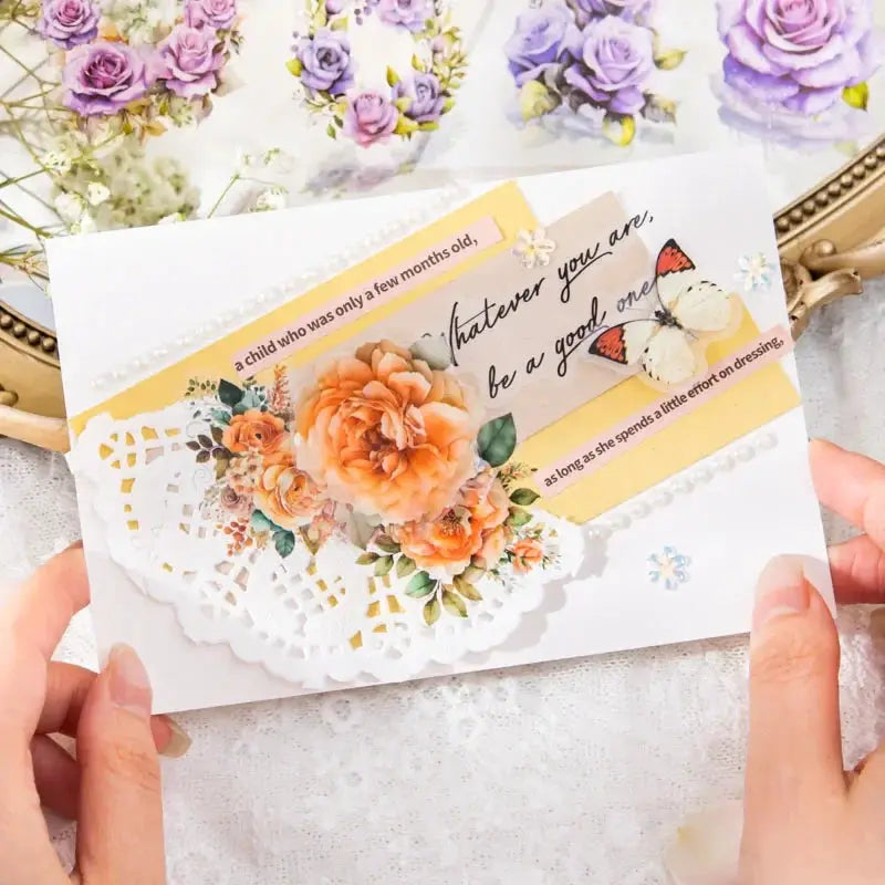 Mr.paper PET Washi Tape Flower Garden Series decorative tape set on a pastel card with orange flowers and lace accents
