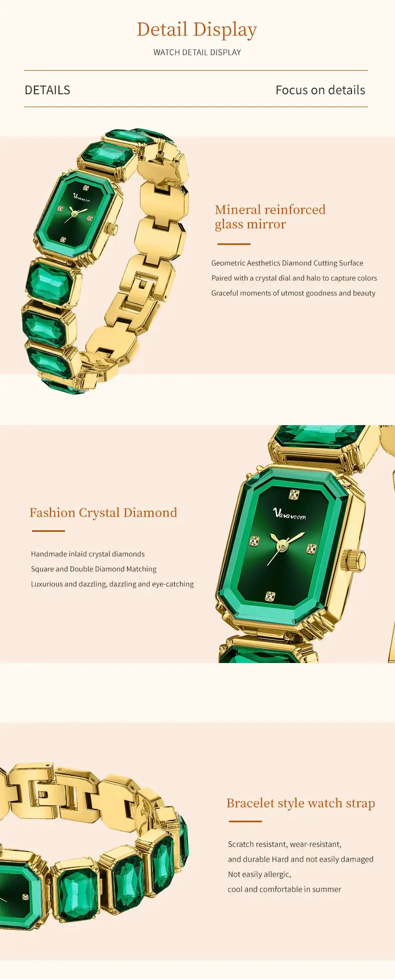 Women's square watch in rose gold stainless steel with emerald-green gemstone accents; luxury quartz movement bracelet.