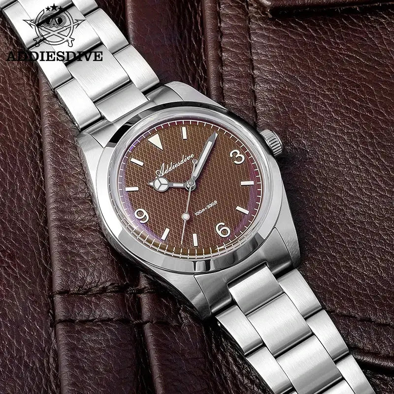 ADDIESDIVE men's analog watch with stainless steel bracelet, brown dial, 100m water resistant