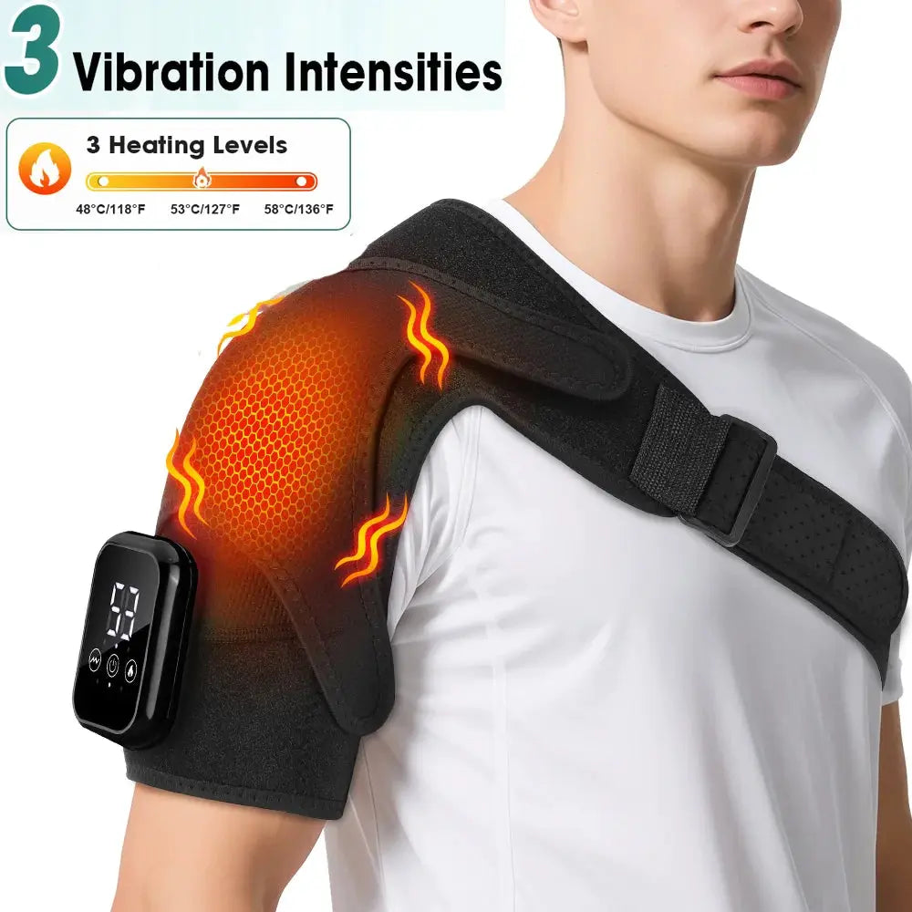 Electric heated shoulder brace wrap by Simples Market, black adjustable strap with 3 heating levels