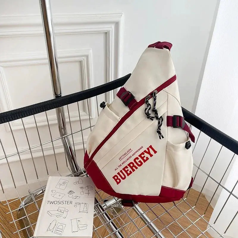 New Y2k portable light nylon crossbody bag in cream with maroon accents, unisex casual chest pack