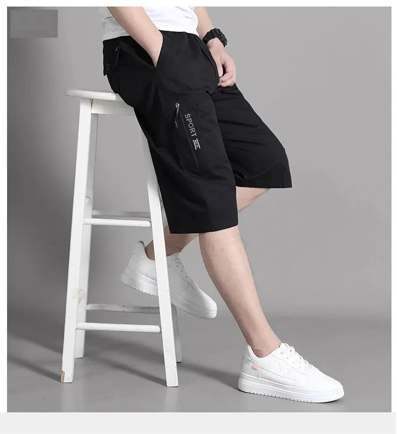 Men's black cargo shorts with side zip pocket, knee-length cotton shorts with elastic waist