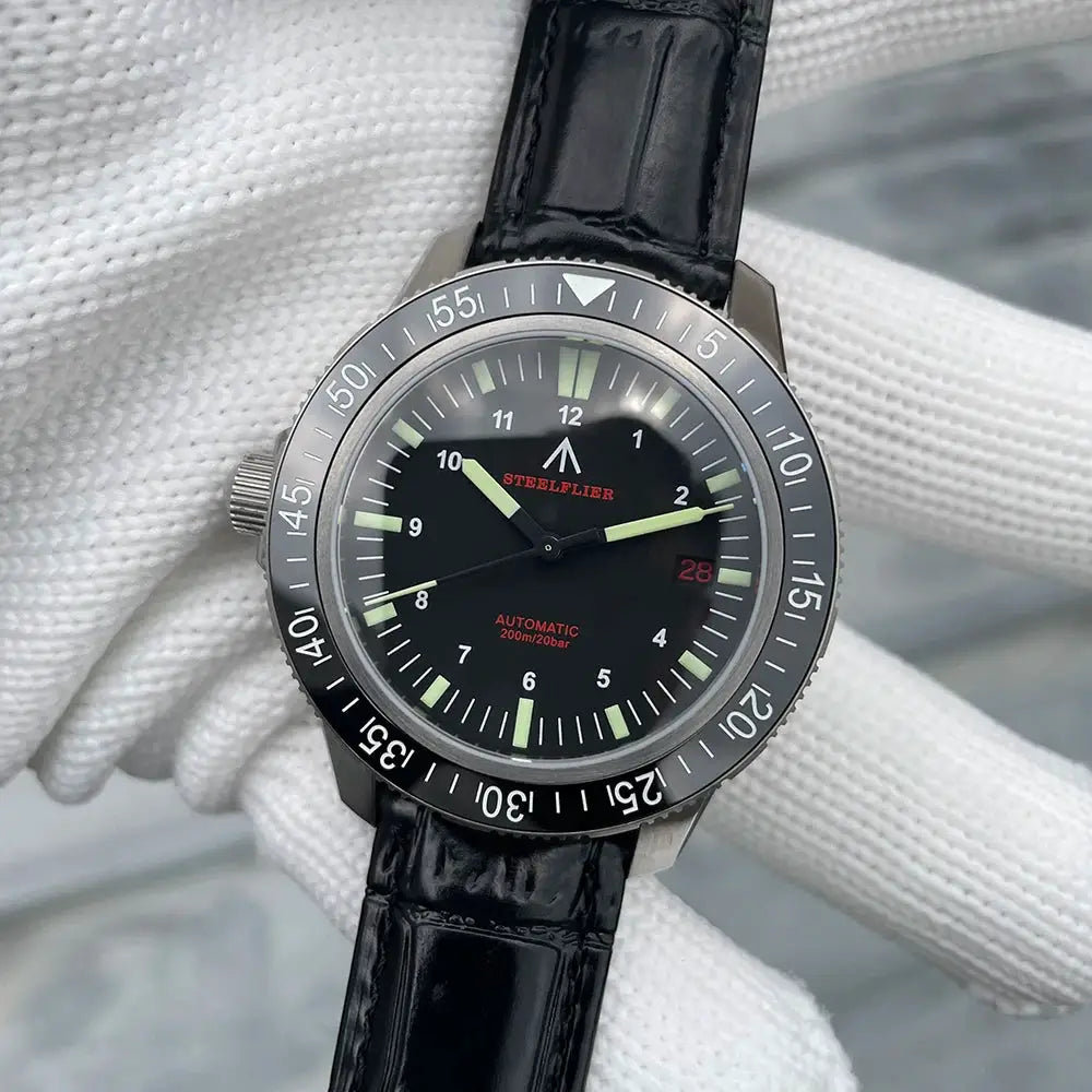 STEELFLIER SF783 NH35 automatic dive watch with black dial, ceramic bezel, luminous hands, leather strap, 200m water resistant