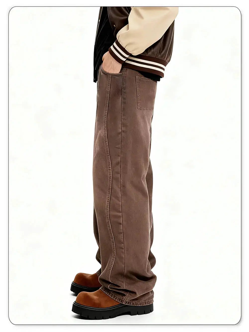 Men's brown denim jeans, casual baggy wide-leg fit, unisex