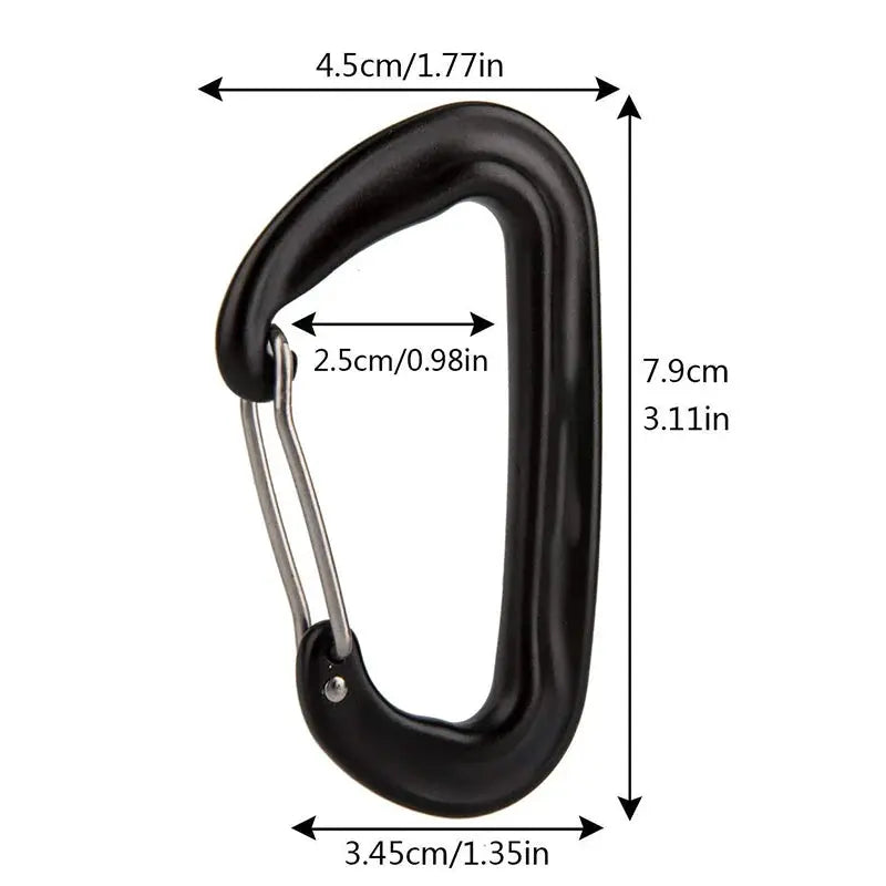 Black 12KN D-shaped climbing carabiner by Simples Market with silver gate for camping and hiking