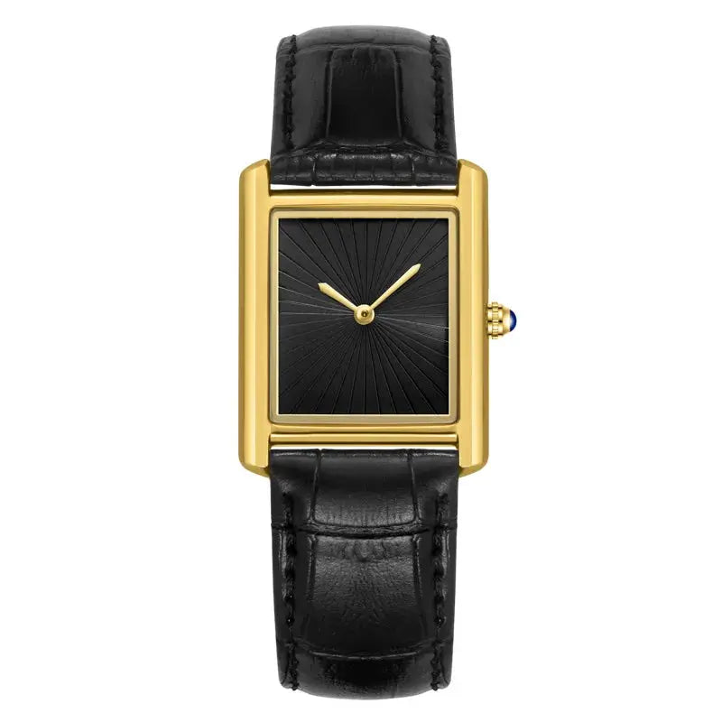 Square watch by Simples Market; gold-tone case, black sunburst dial, leather strap, two-hand design