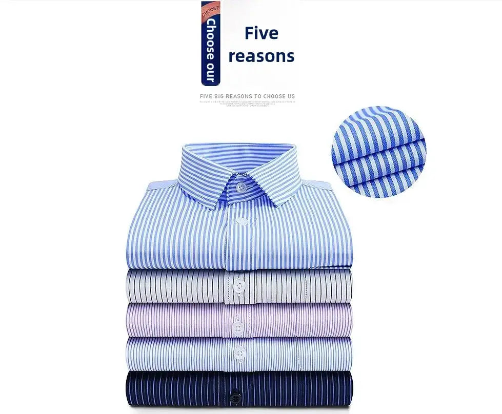 Men's long-sleeved dress shirts, five stacked in blue striped and pastel tones; fabric close-up.