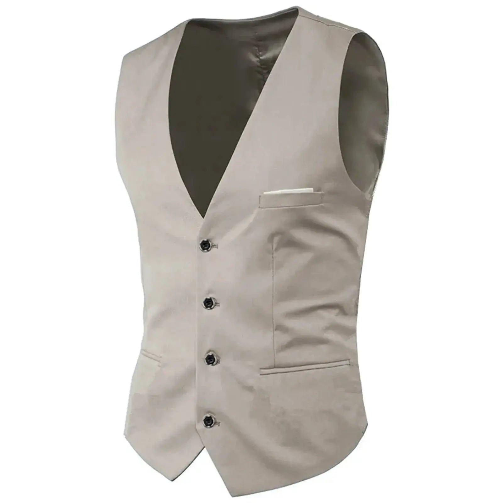 Men's beige suit vest waistcoat with black lining, button-front and chest pocket