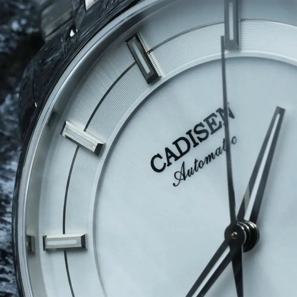 Cadisen automatic wristwatch with white dial, silver case, black strap, Miyota 9015 movement