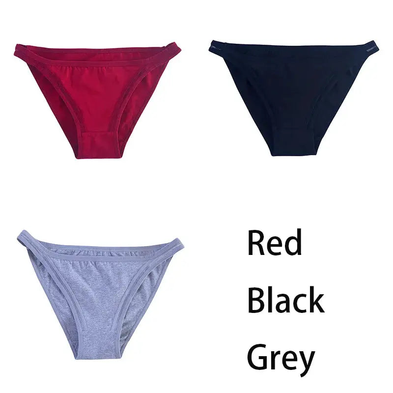 Women's cotton bikini briefs 3-pack in red, black, and grey