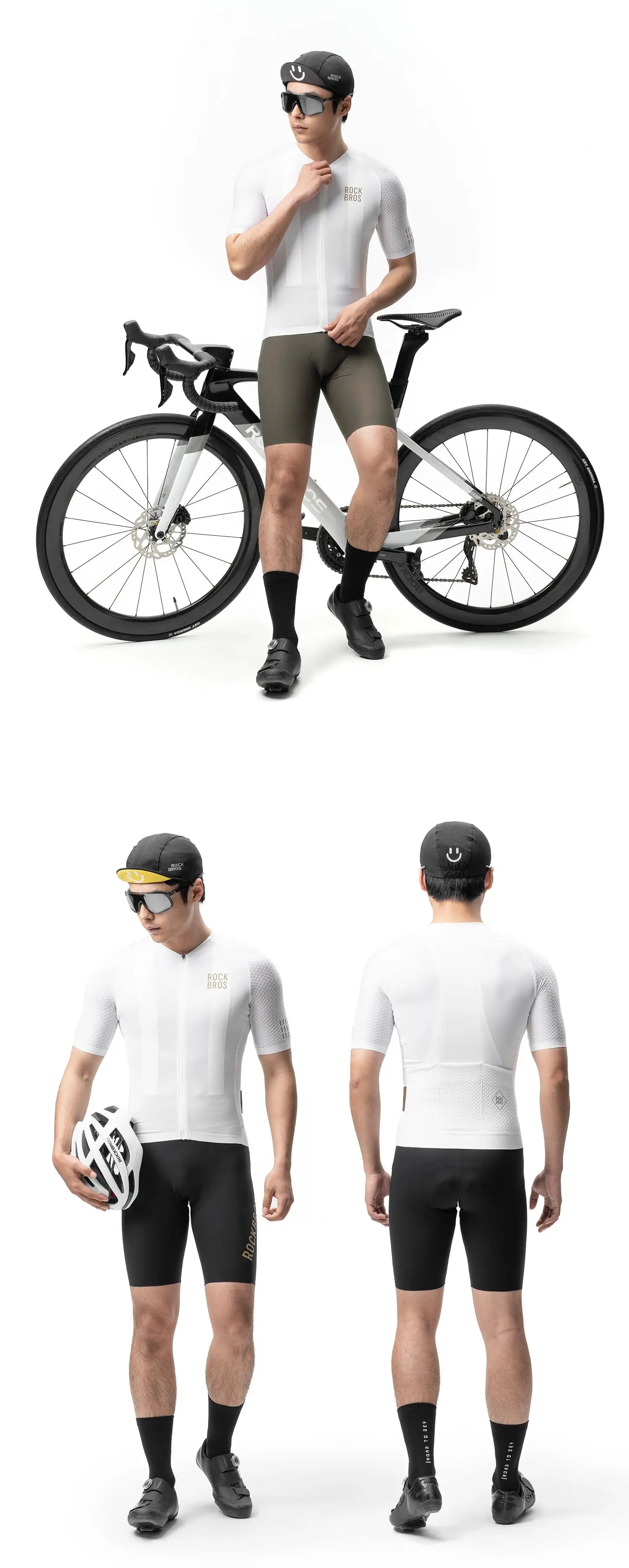 ROCKBROS two-piece cycling jersey and shorts set, white breathable short-sleeve top with logo, black shorts