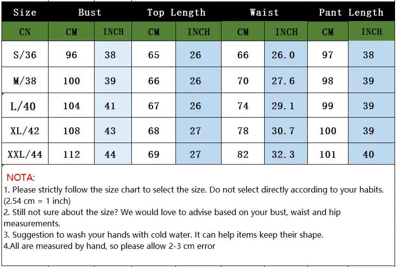 Office 2 Piece Set size chart by Simples Market; CN S-XXL with bust, top length, waist, pant length.