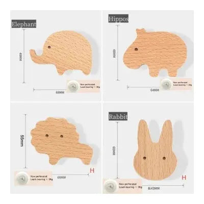 Four natural wood animal wall hooks for children's room; elephant, hippo, and rabbit shapes.