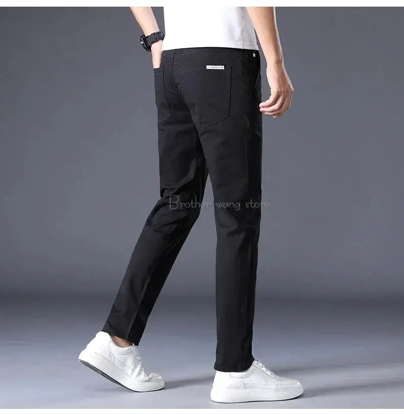 Simples Market men's black cotton casual pants, straight slim-fit with back pockets.