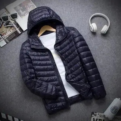 Down jacket by Simples Market, black hooded slim-fit coat, super light and warm