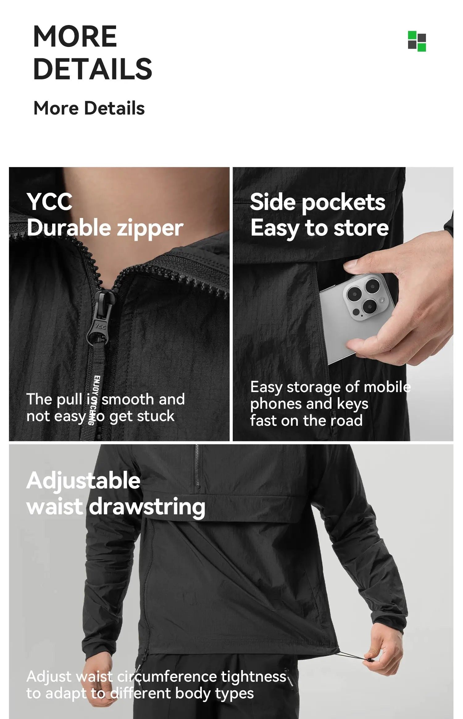 ROCKBROS black cycling waterproof jacket with durable zipper, side pockets, and adjustable waist drawstring
