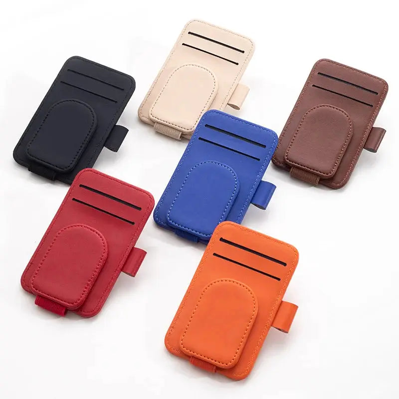Leather car sun visor sunglasses holder with magnetic clip and card slots, 6-piece multicolor set