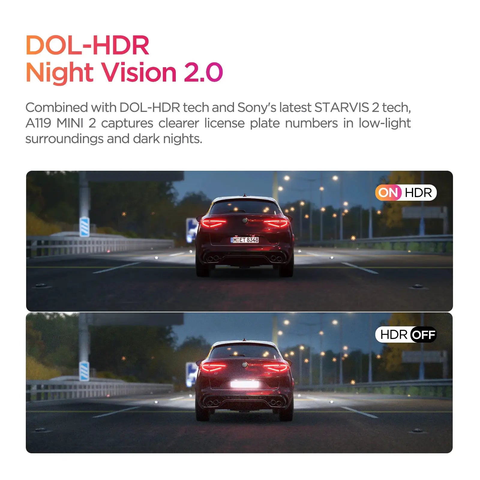 VIOFO A119MINI-2 dash cam by Simples Market; rear view of a red car on a highway with HDR ON badge