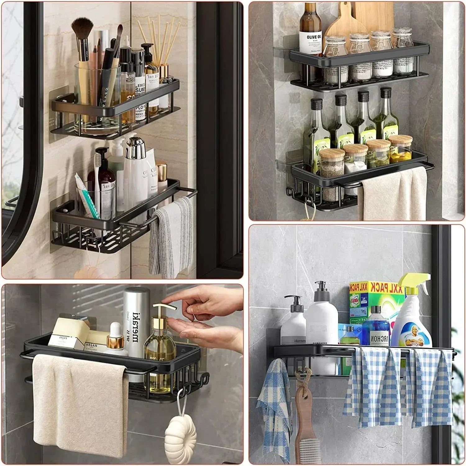 Simples Market aluminum alloy bathroom shelf organizer, no-drill shower rack with 3 tiers for bottles, cosmetics, and towels.