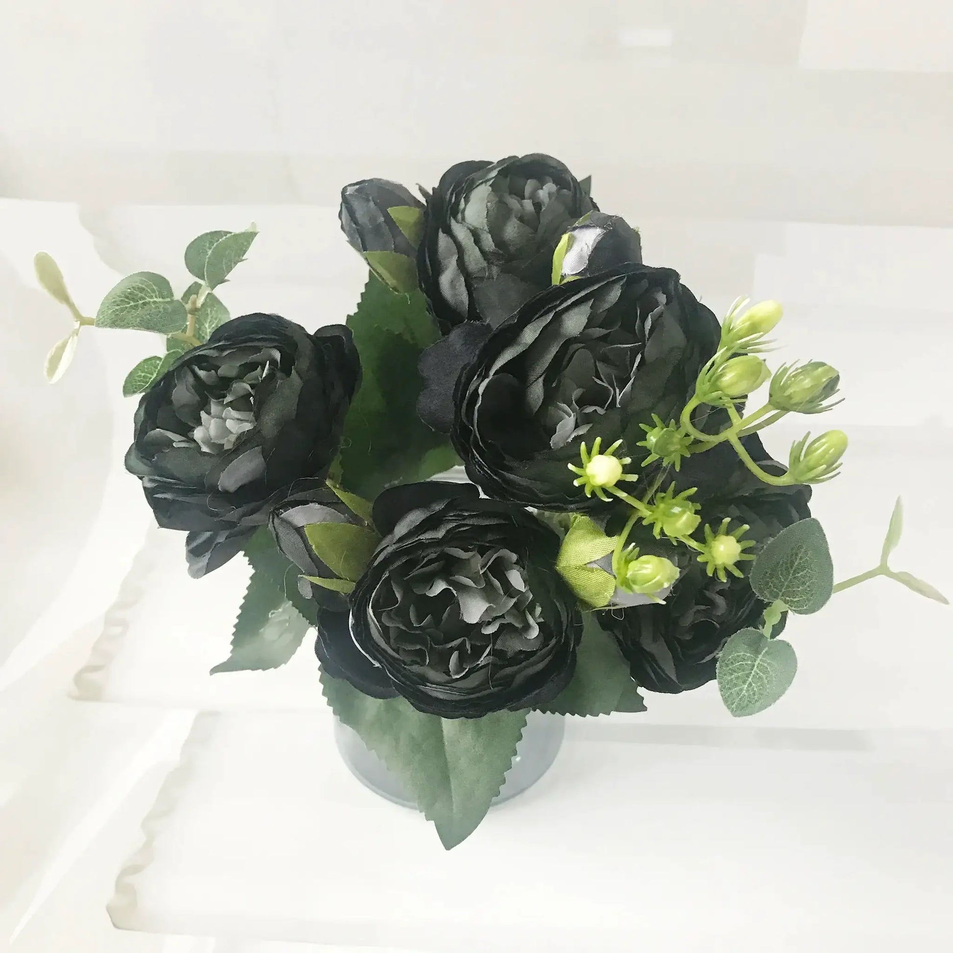 Silk peony bouquet, 30cm, with dark petals, green leaves and small green buds.