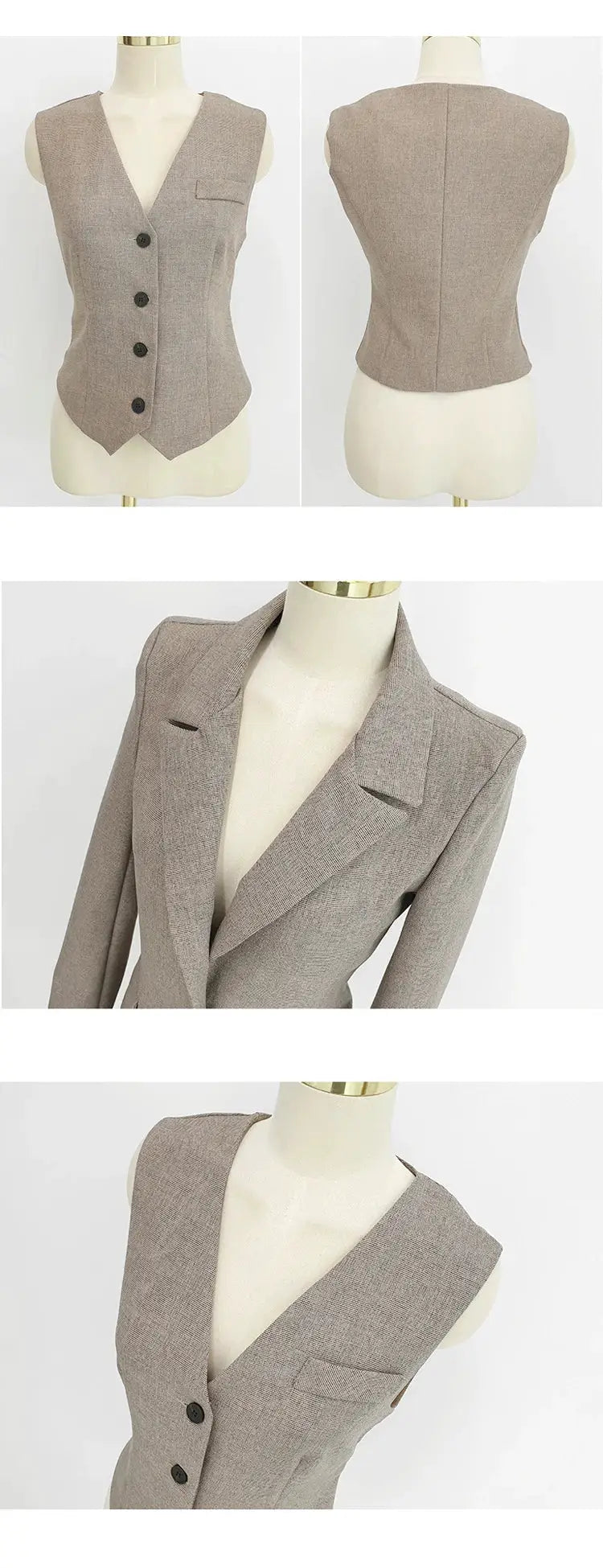 3-piece taupe women's blazer, vest, and pants suit in textured fabric.
