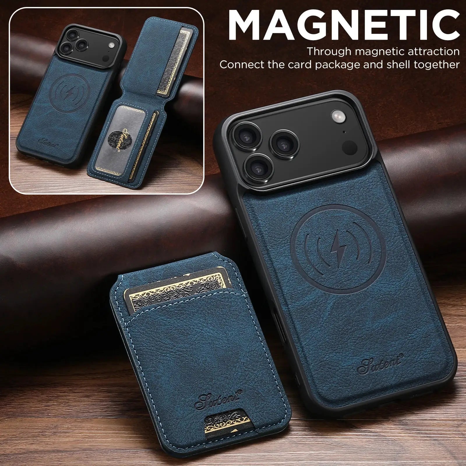 SUTENI Wireless Charging Case With Magnetic Card Holder Stand For iPhone 12 Through 17 Pro Max PU Leather