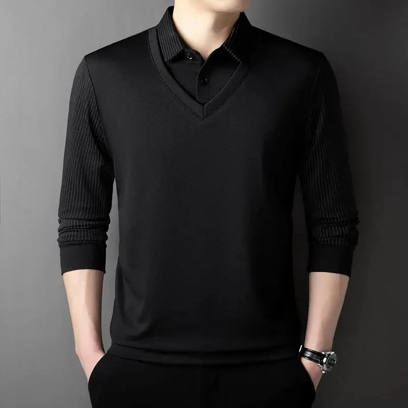 Men's black long-sleeve polo-style top with ribbed sleeves and layered knit vest look