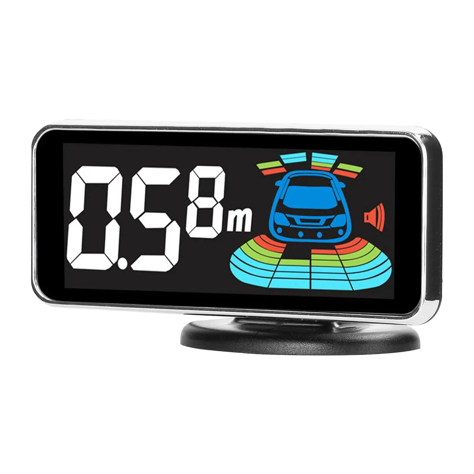 Rear car parking sensor LCD display with chrome frame and colorful radar graphic, distance readout.