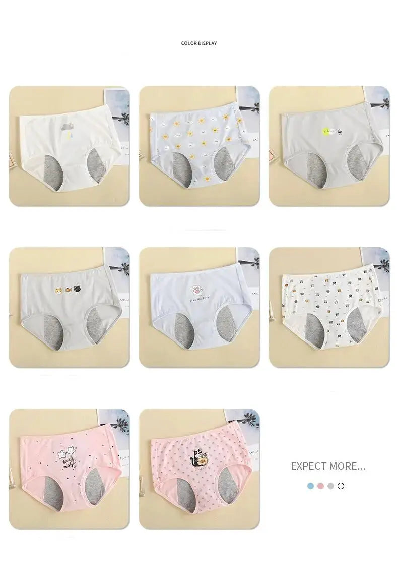 Simples Market girls' cartoon-print breathable cotton menstrual underwear set, 9 pairs in assorted colors.
