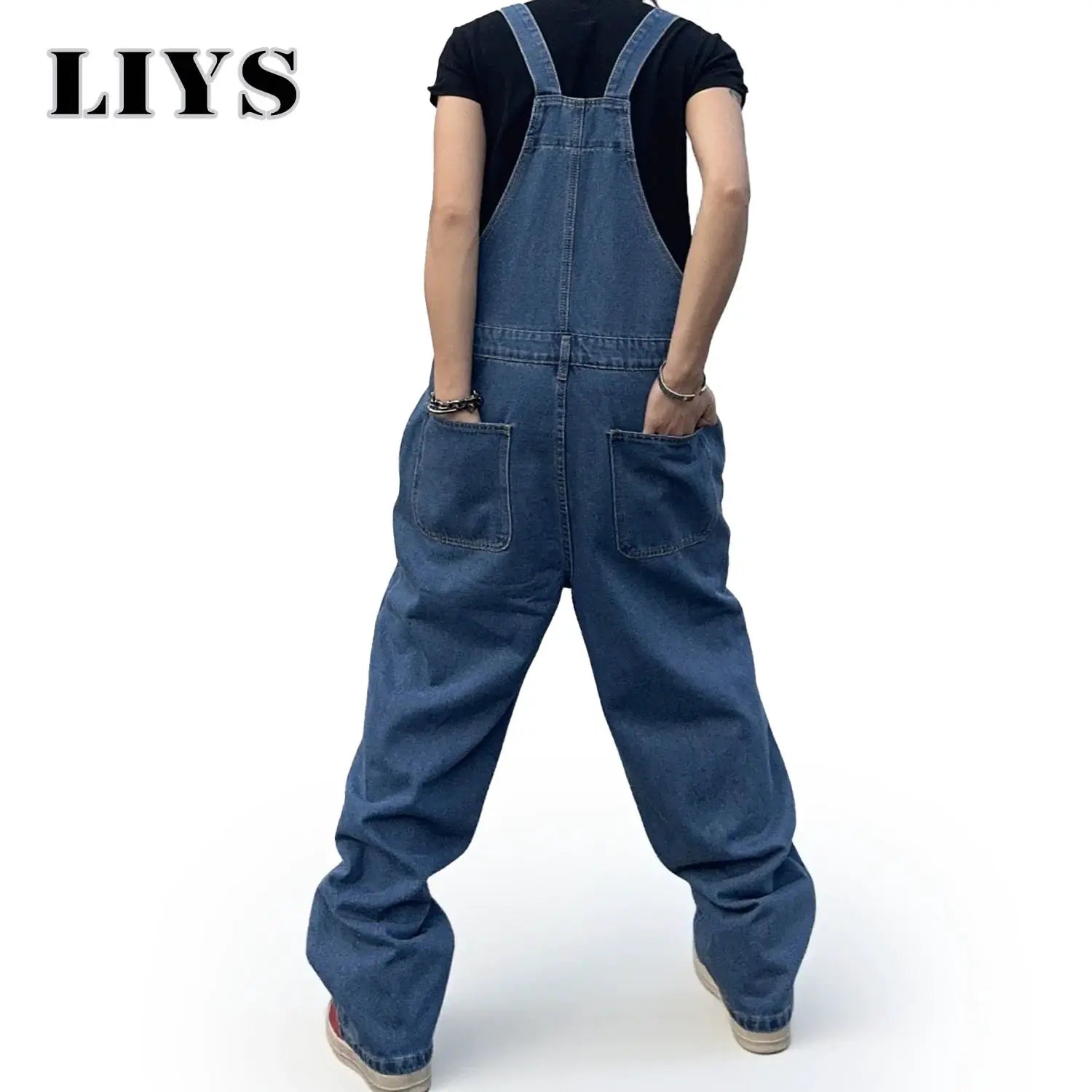 Denim overalls for men with suspenders, baggy mid-waist, blue-washed with large back pockets, LIYS logo