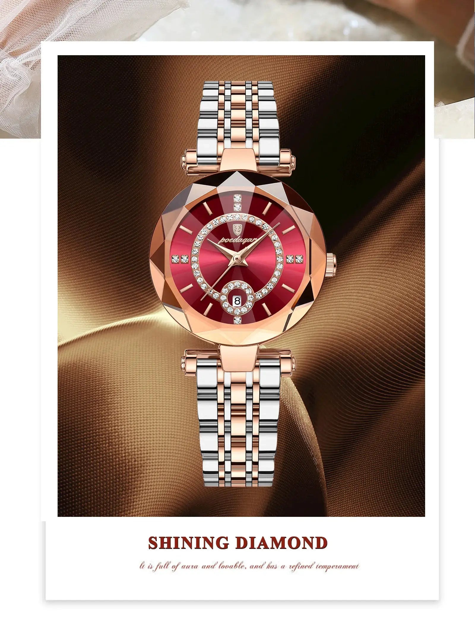 POEDAGAR ladies wristwatch with two-tone stainless steel band (rose gold & silver), red dial and diamond bezel.
