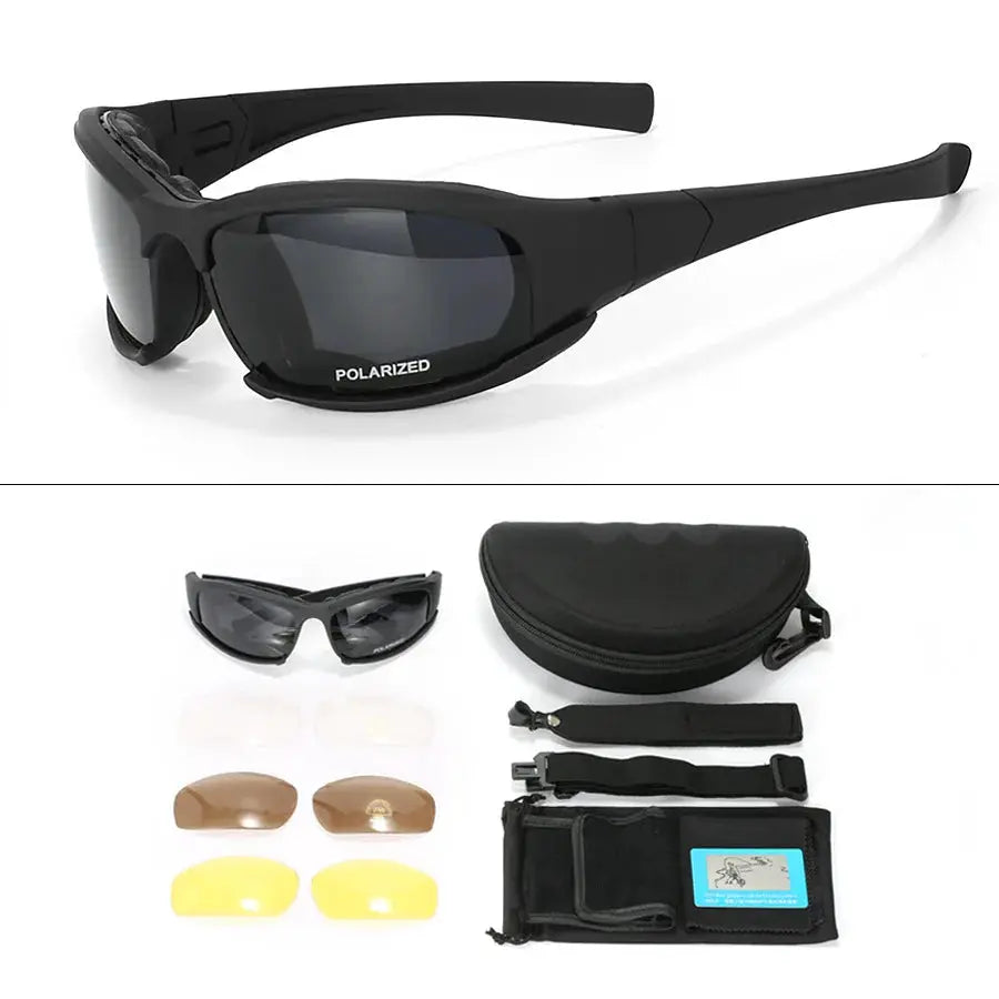 Simples Market New 4-Lens Tactical Goggles, black frame with polarized lenses, includes case and 6 spare lenses