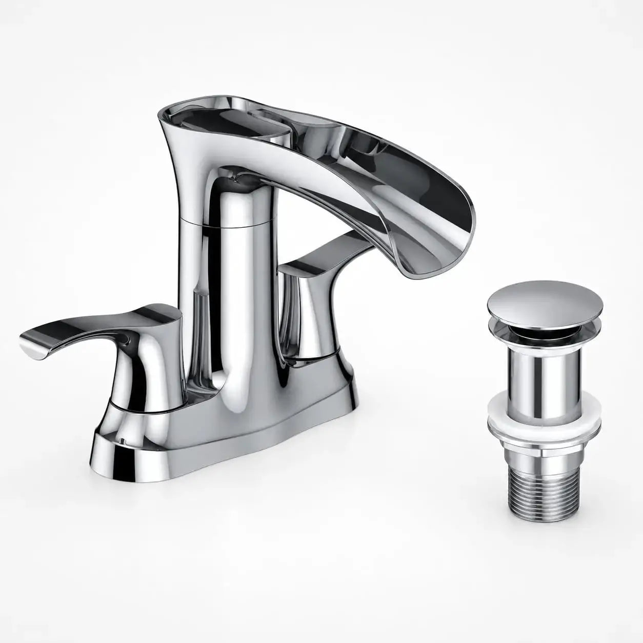 Modern waterfall bathroom faucet in chrome finish with pop-up drain and deck-mount base plate included.