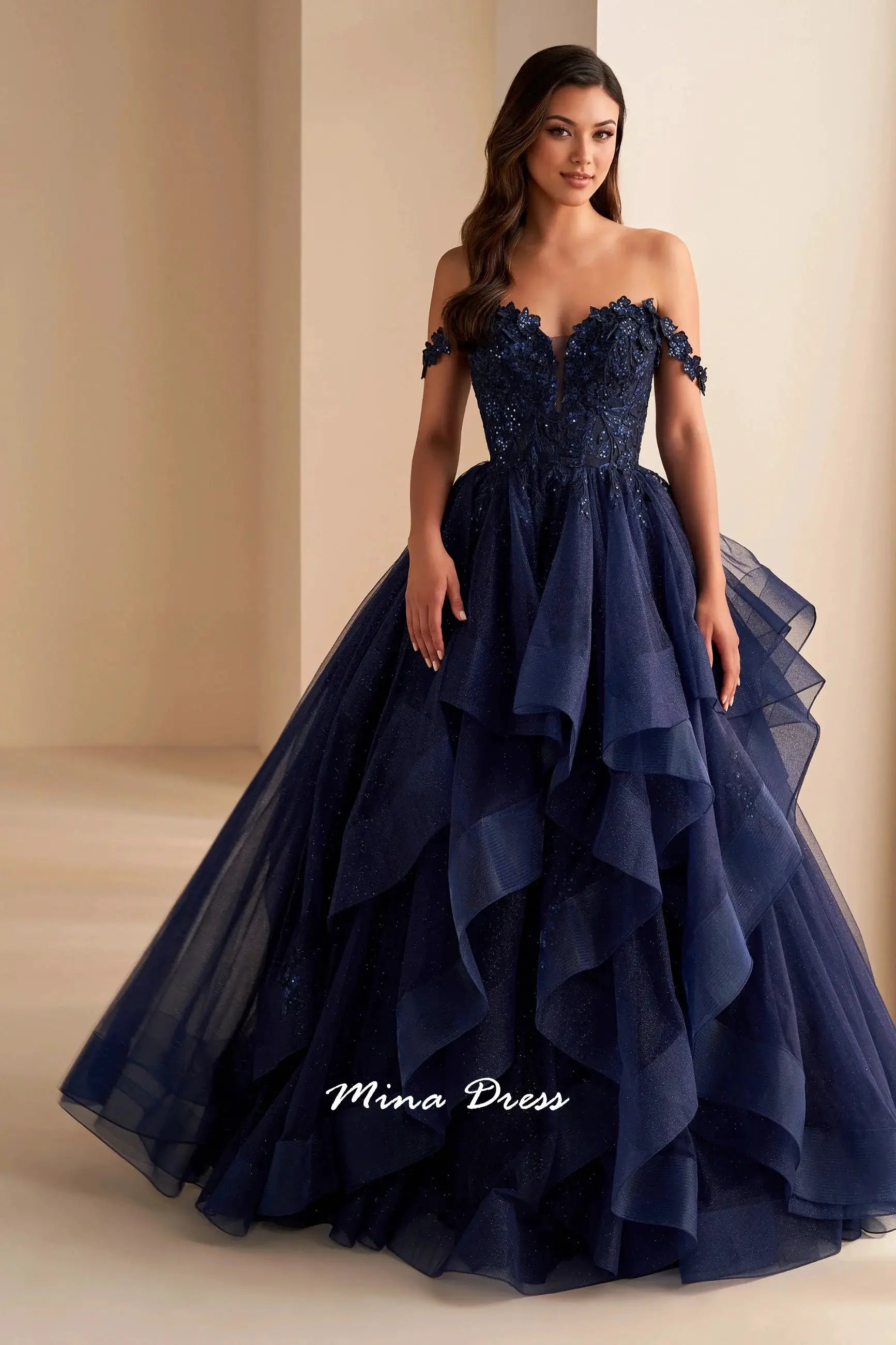 Mina Removable Shoulder Strap Evening Gown Backless Lace Applique Prom