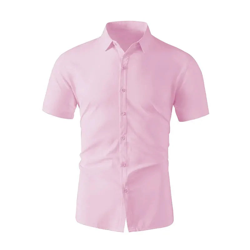 Men's pink short-sleeve button-down shirt, solid color, business casual style